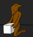 Sad lizard girl with box.